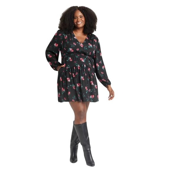 A New Day Women's Floral Balloon Long Sleeve Dropped Waist Mini A-Line Dress -XS - Picture 1 of 8